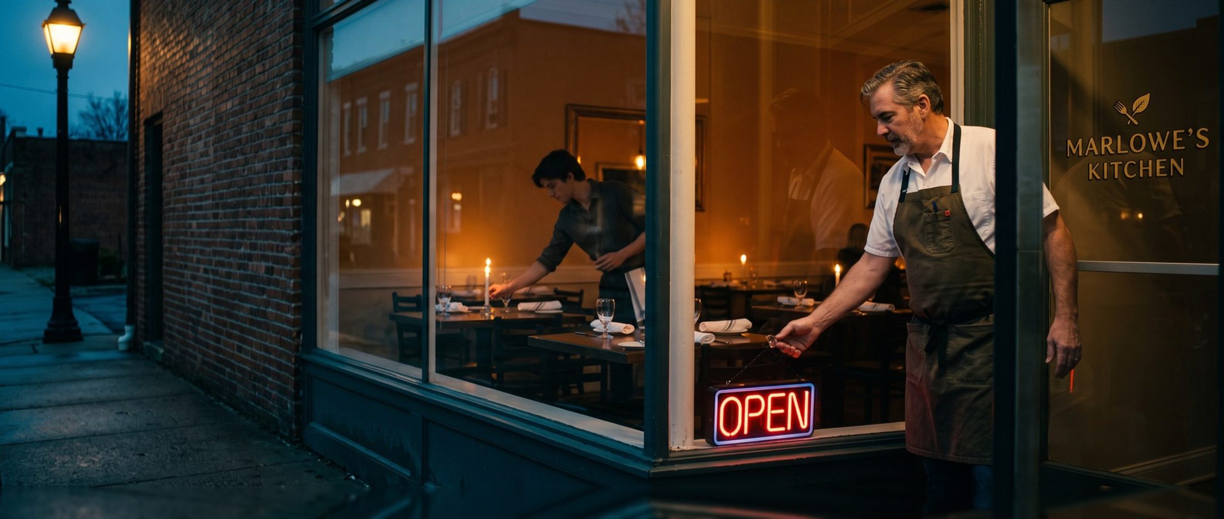 At dusk, seen from the sidewalk, the owner of Marlowe's Kitchen switches on the neon OPEN sign in the front window while a server lights the last candle on a set table inside