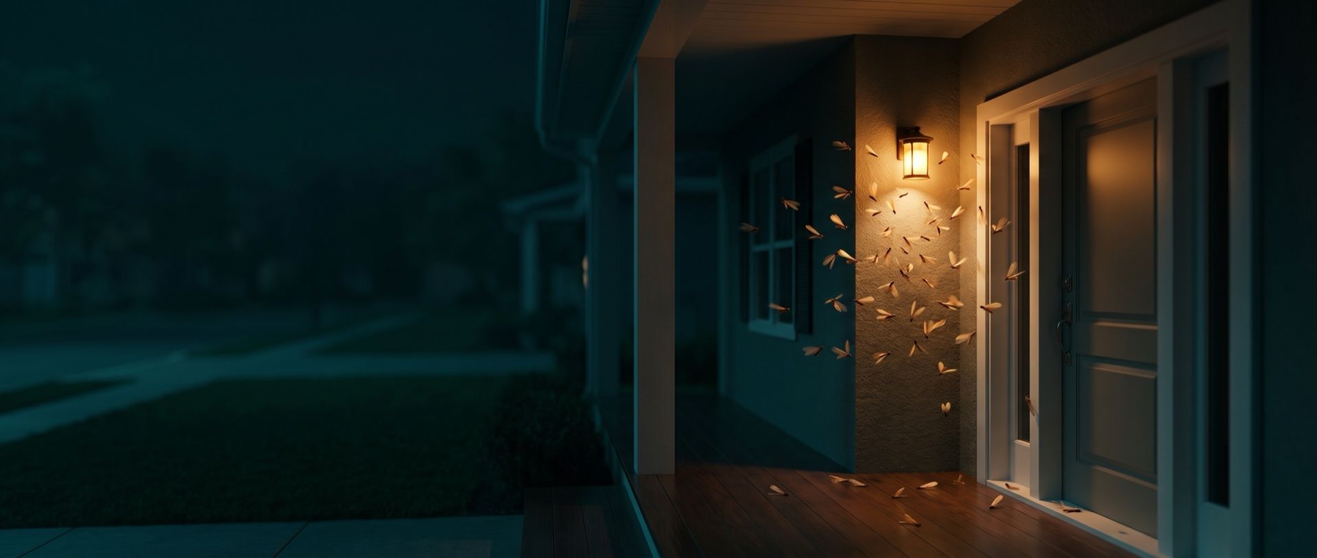 Winged termite swarmers circling an amber porch lantern beside a front door at night, with shed wings scattered on the porch floor