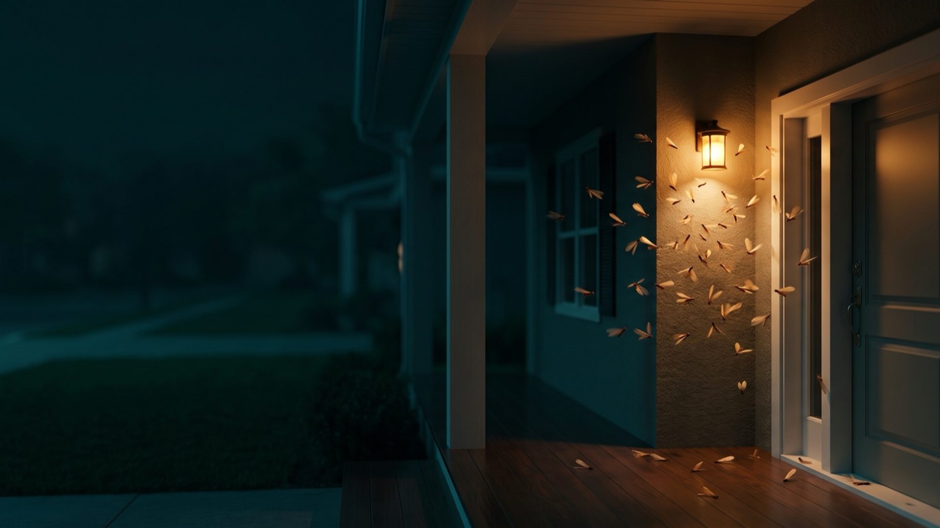 Winged termite swarmers circling an amber porch lantern beside a front door at night, with shed wings scattered on the porch floor