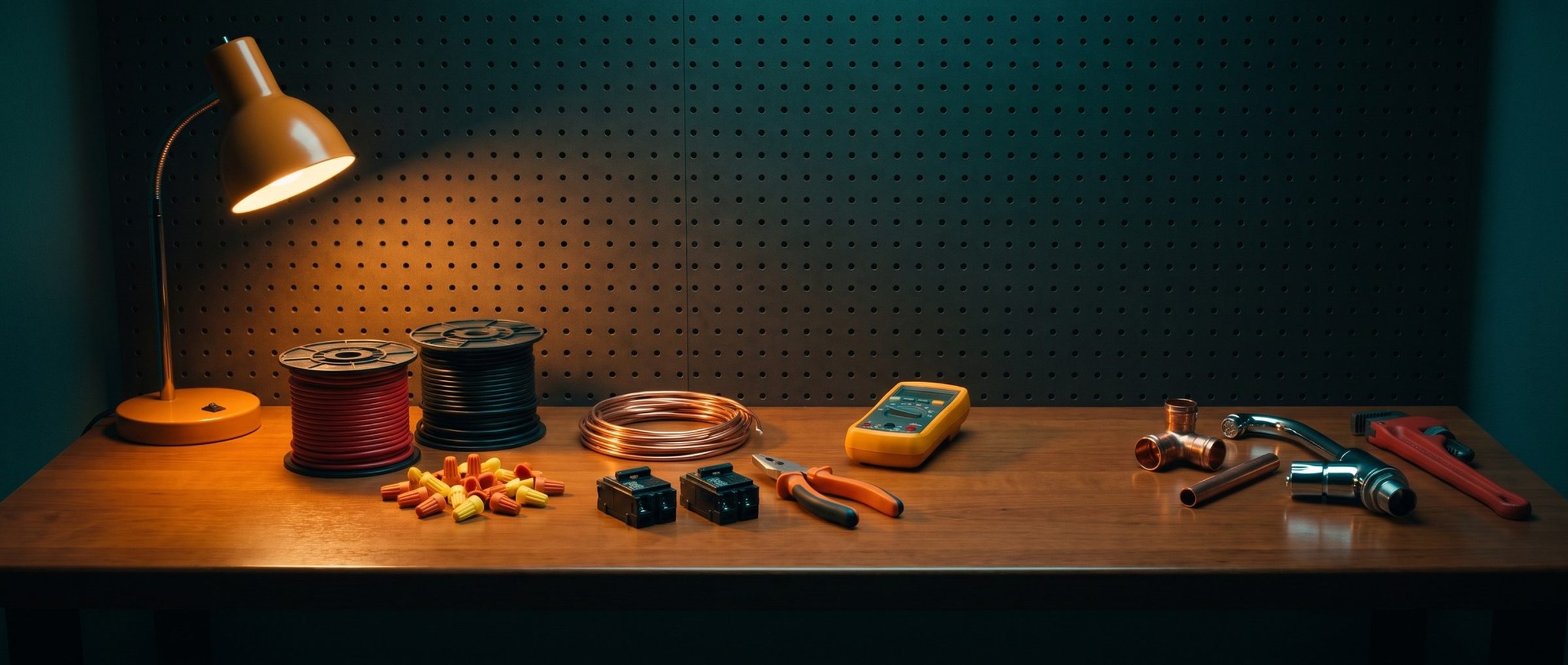 An electrician's workbench with wire spools, wire connectors, breakers, pliers and a multimeter sorted on the left and a copper pipe fitting, a faucet and a pipe wrench pushed apart at the right end