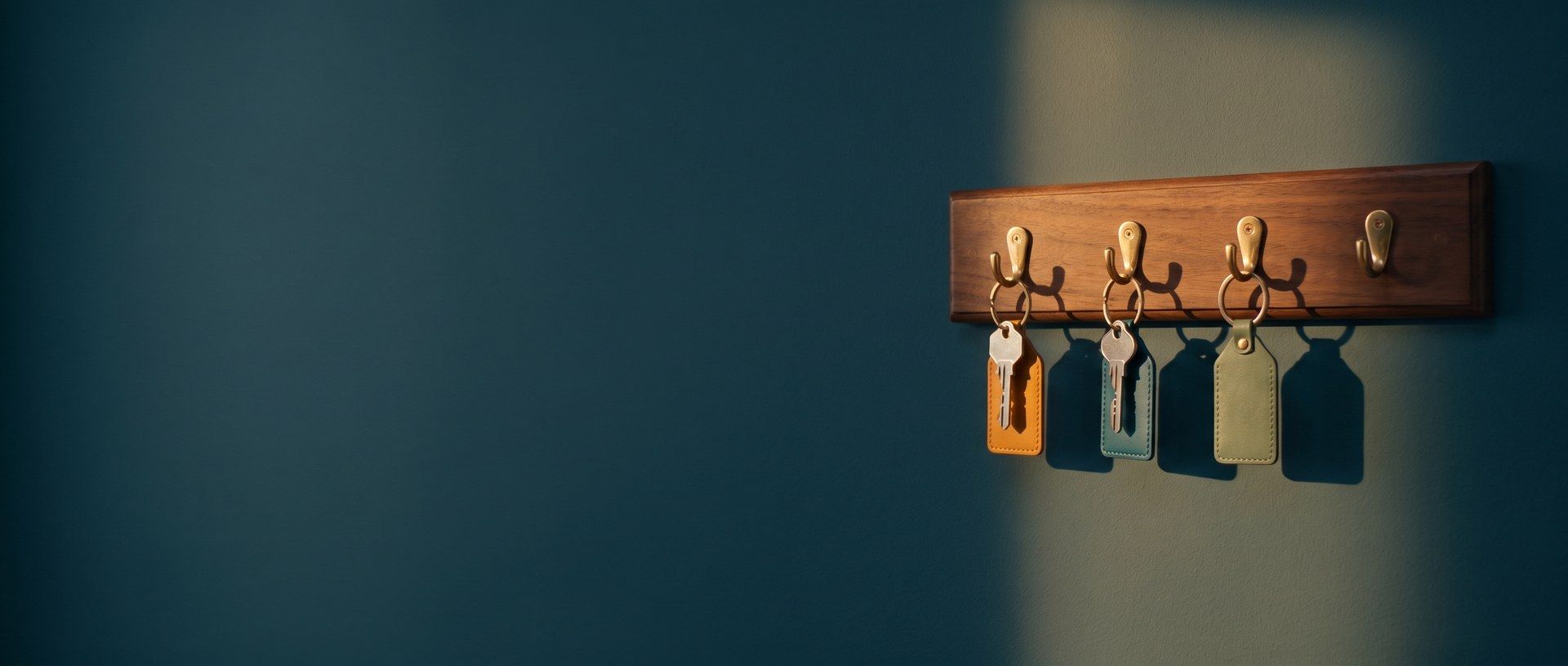 A wooden key rack on an agency office wall in warm light, three house keys hanging from blank amber, teal and sage leather tags, one hook empty