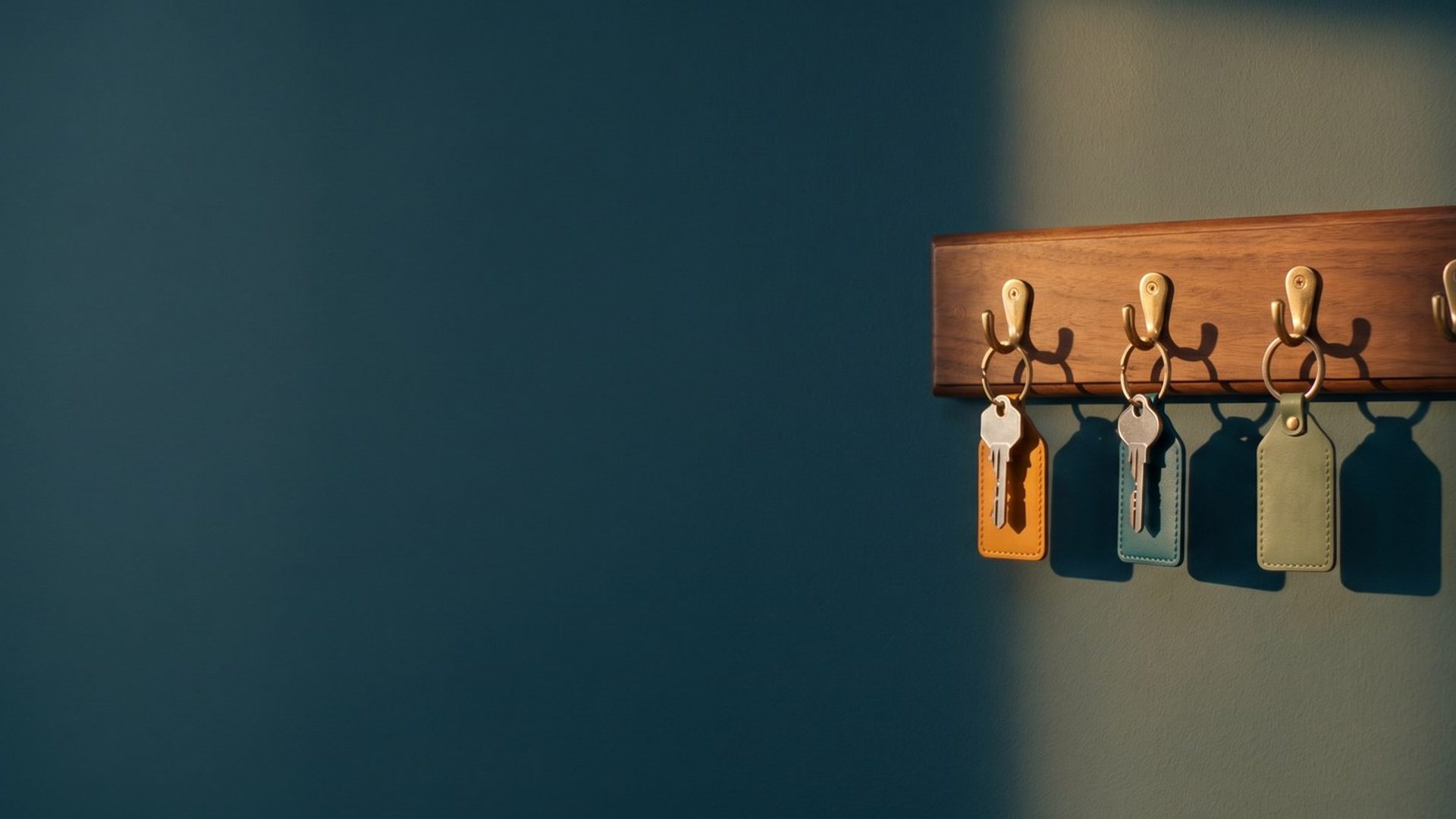 A wooden key rack on an agency office wall in warm light, three house keys hanging from blank amber, teal and sage leather tags, one hook empty