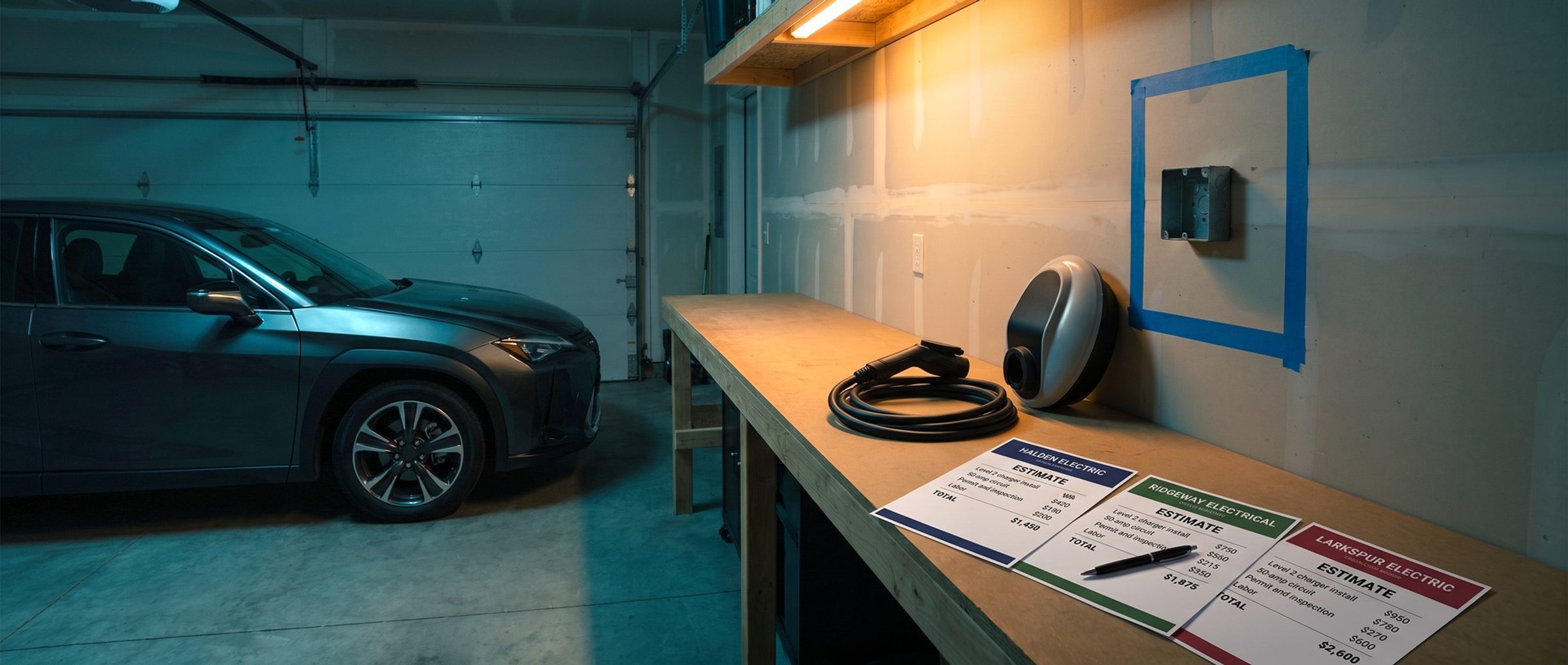 Three printed estimates from three electrical companies lying side by side on a garage workbench, next to an unboxed home EV charger and a taped outline on the wall where it will be mounted