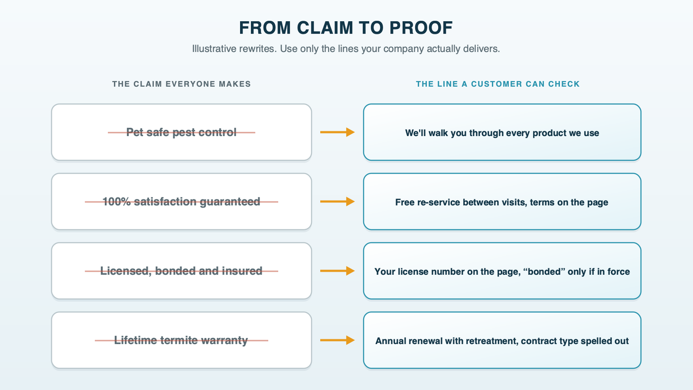 From claim to proof: four common pest control ad claims, pet safe pest control, 100% satisfaction guaranteed, licensed bonded and insured, and lifetime termite warranty, each rewritten as a specific line a customer can check, such as a license number on the page and retreatment terms spelled out
