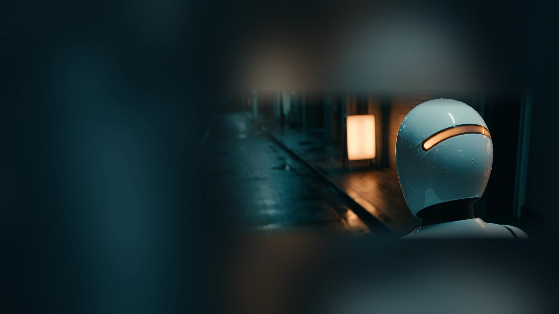 A white robot head facing a glowing amber sign in a dark, wet alley