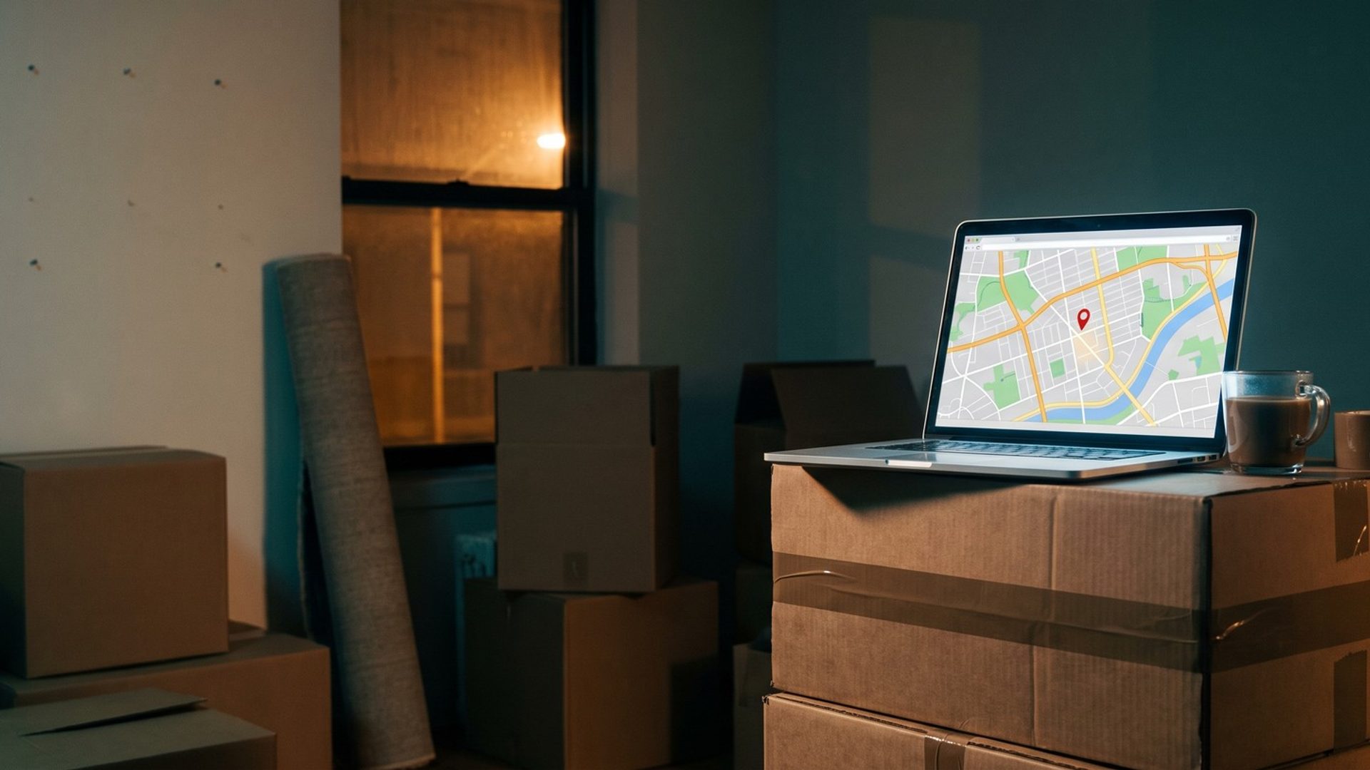 A half-packed apartment at night: taped moving boxes, a rolled-up rug and a bare wall with nail holes, and on a stack of boxes an open laptop glowing with a city street map and one red pin