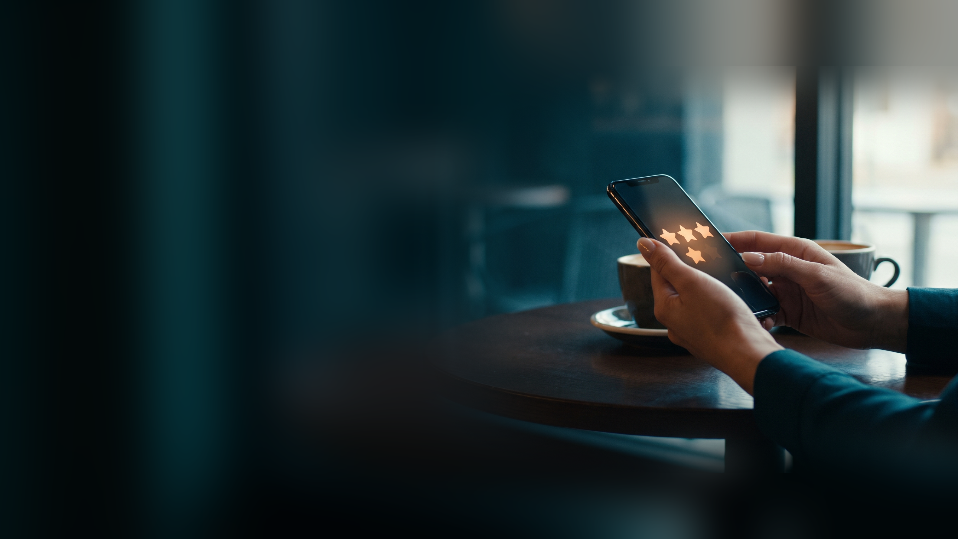 Hands holding a phone at a cafe table by a window, the screen showing glowing amber rating stars