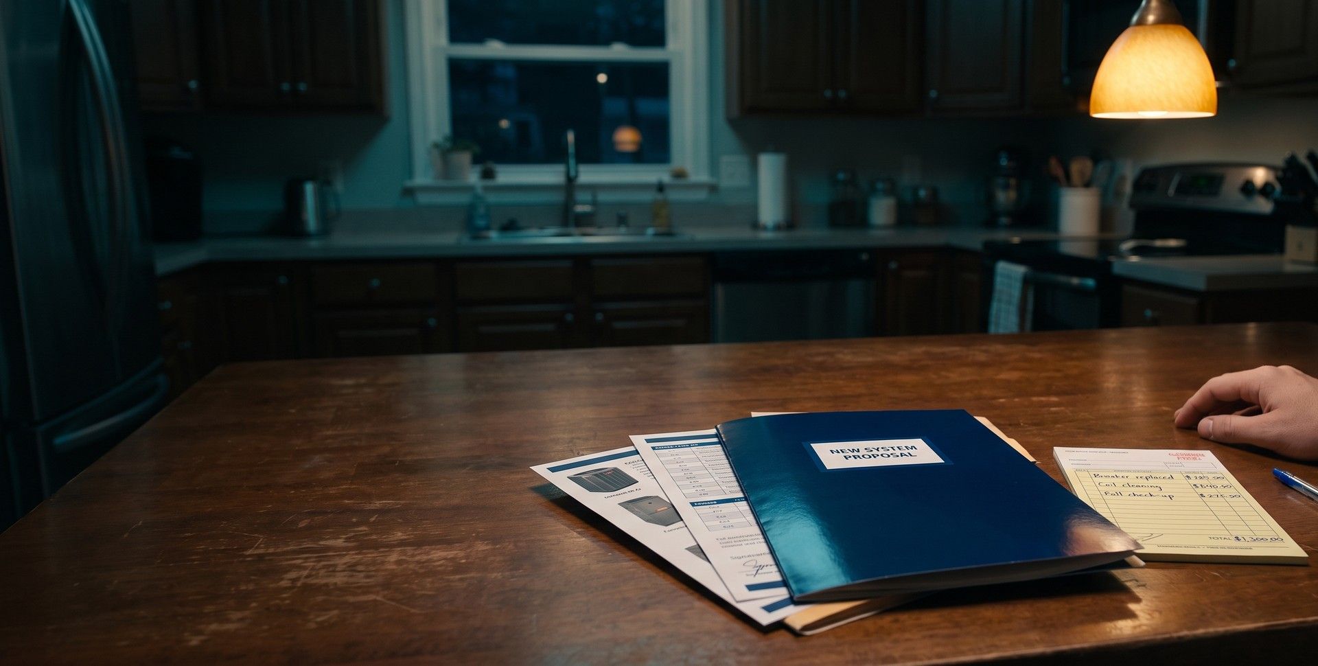 A thick navy new system proposal folder with pages fanned out beside a yellow handwritten repair ticket totaling $1,300 on a kitchen table at night, a homeowner's hand resting next to it