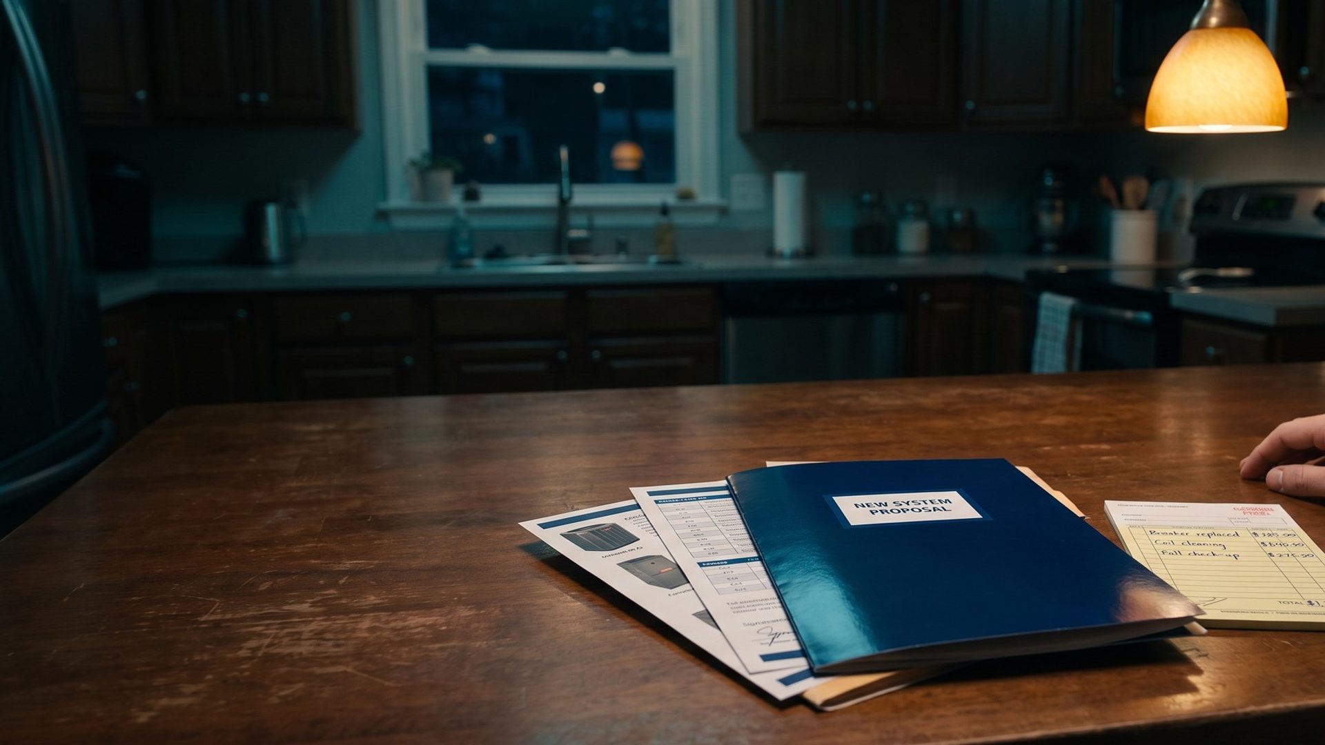 A thick navy new system proposal folder with pages fanned out beside a yellow handwritten repair ticket totaling $1,300 on a kitchen table at night, a homeowner's hand resting next to it