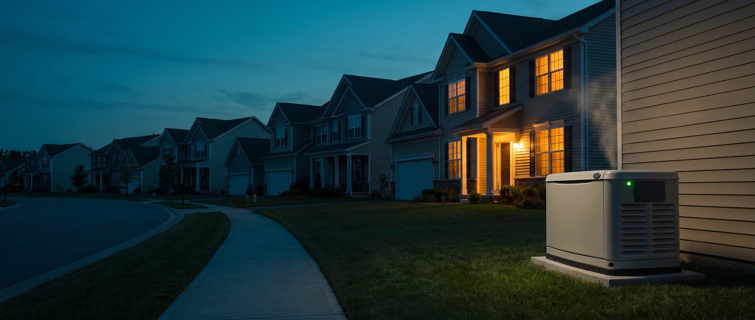 A suburban street at dusk during a power outage, every house dark except one glowing in every window, with a new home standby generator on a concrete pad in the foreground