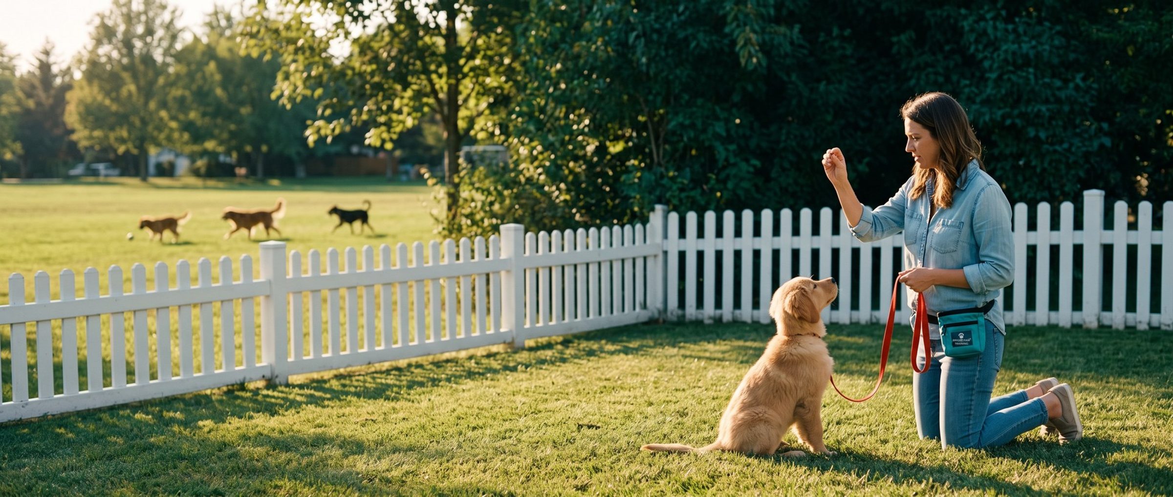 A woman kneels in her fenced backyard holding a treat for a golden retriever puppy on a short red leash, a Bright Paw Training pouch at her waist, while dogs run off leash in the park beyond the fence