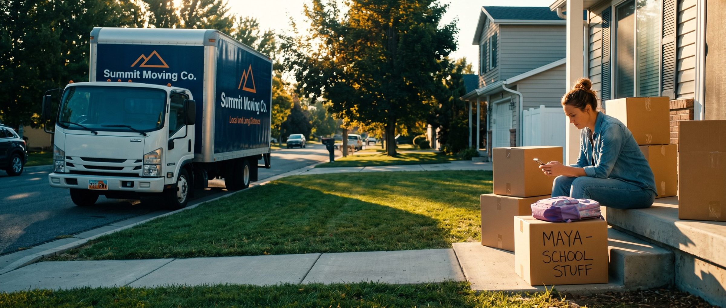 A mother sits on the front step of a new house among moving boxes, reading her phone, beside a box marked Maya school stuff, with a Summit Moving Co. truck at the curb