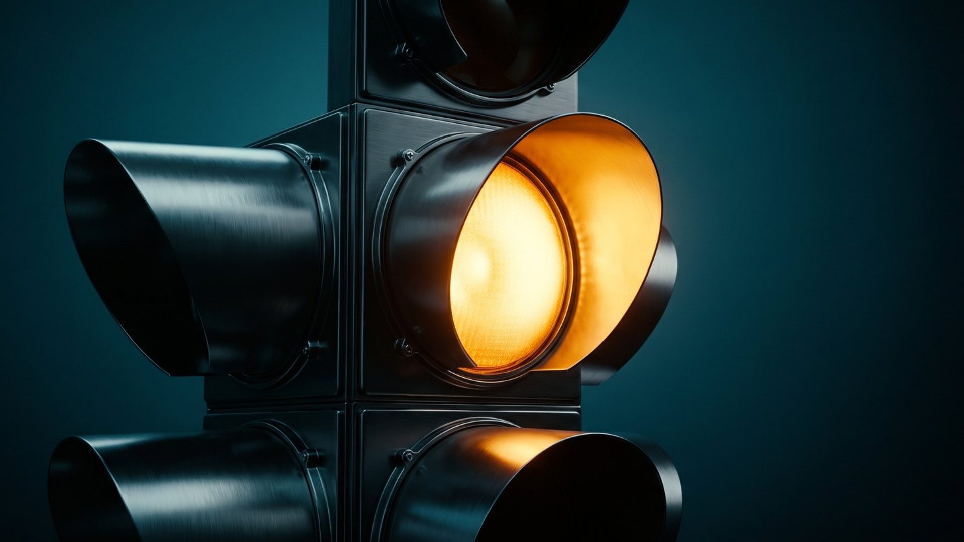 A traffic signal lit amber in close-up against a deep teal background, caught in the moment before it changes