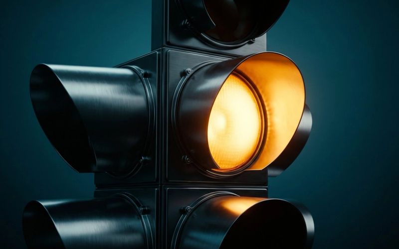 A traffic signal lit amber in close-up against a deep teal background, caught in the moment before it changes