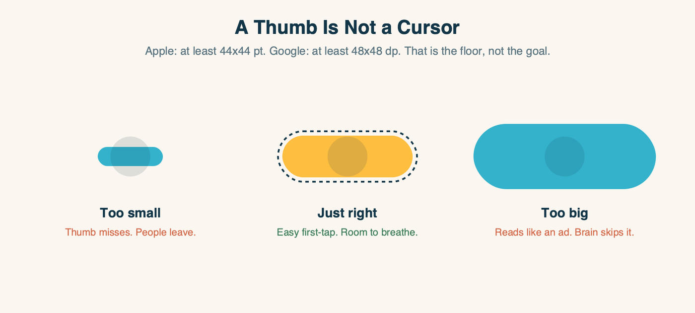 Tap-target sizing: a too-small button the thumb misses, a just-right button with room to breathe, and an oversized button that reads like an ad