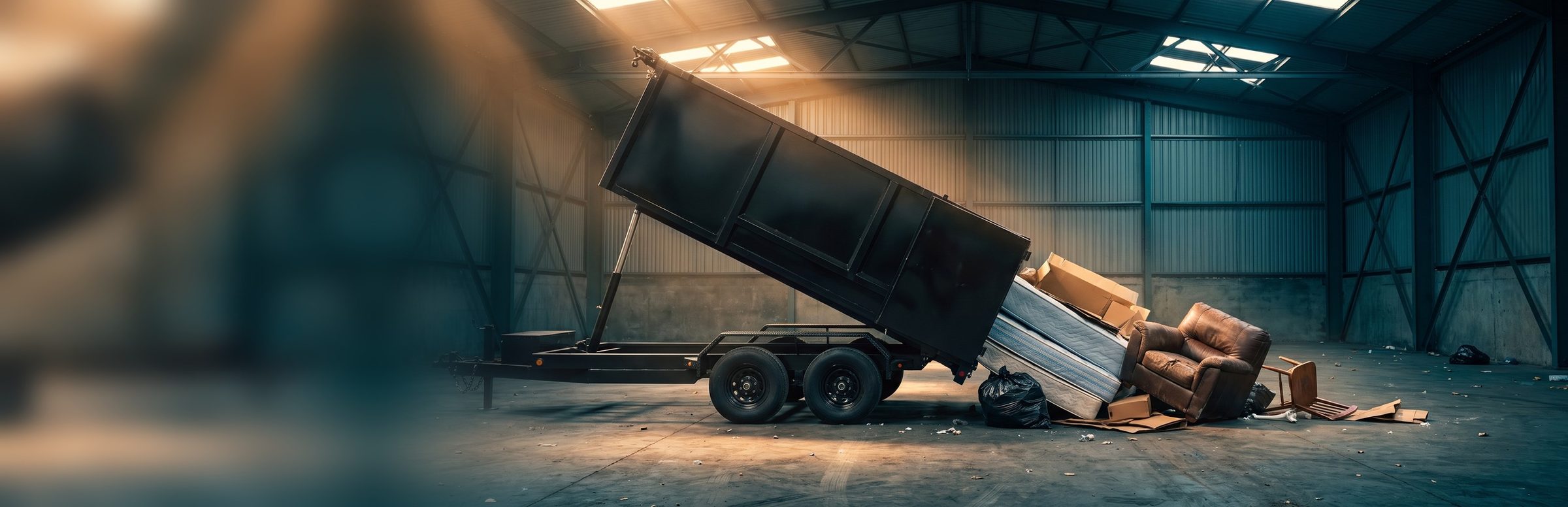 A black dump trailer with its box tilted up inside a transfer station hall, an old armchair, a striped mattress, boxes and trash bags sliding out onto the concrete floor