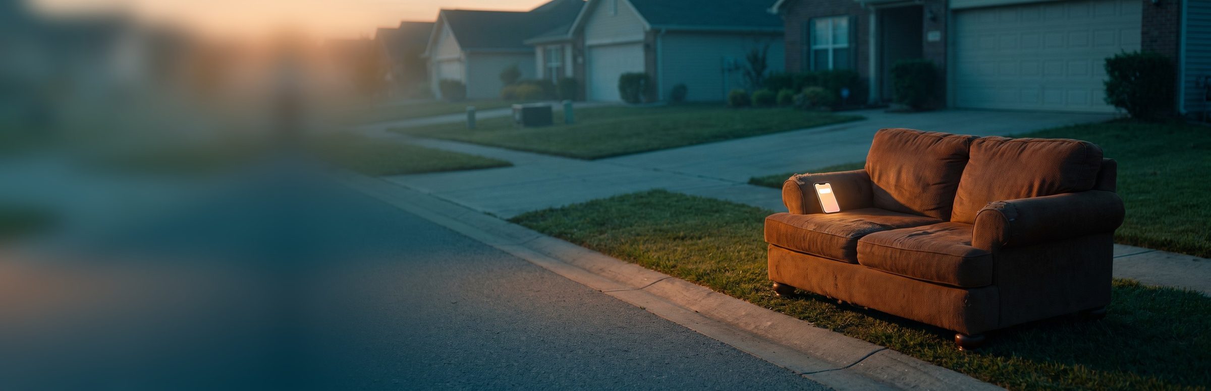 An old rust-brown couch set out on the grass by the curb of a quiet suburban street at dawn, with a smartphone glowing on its armrest
