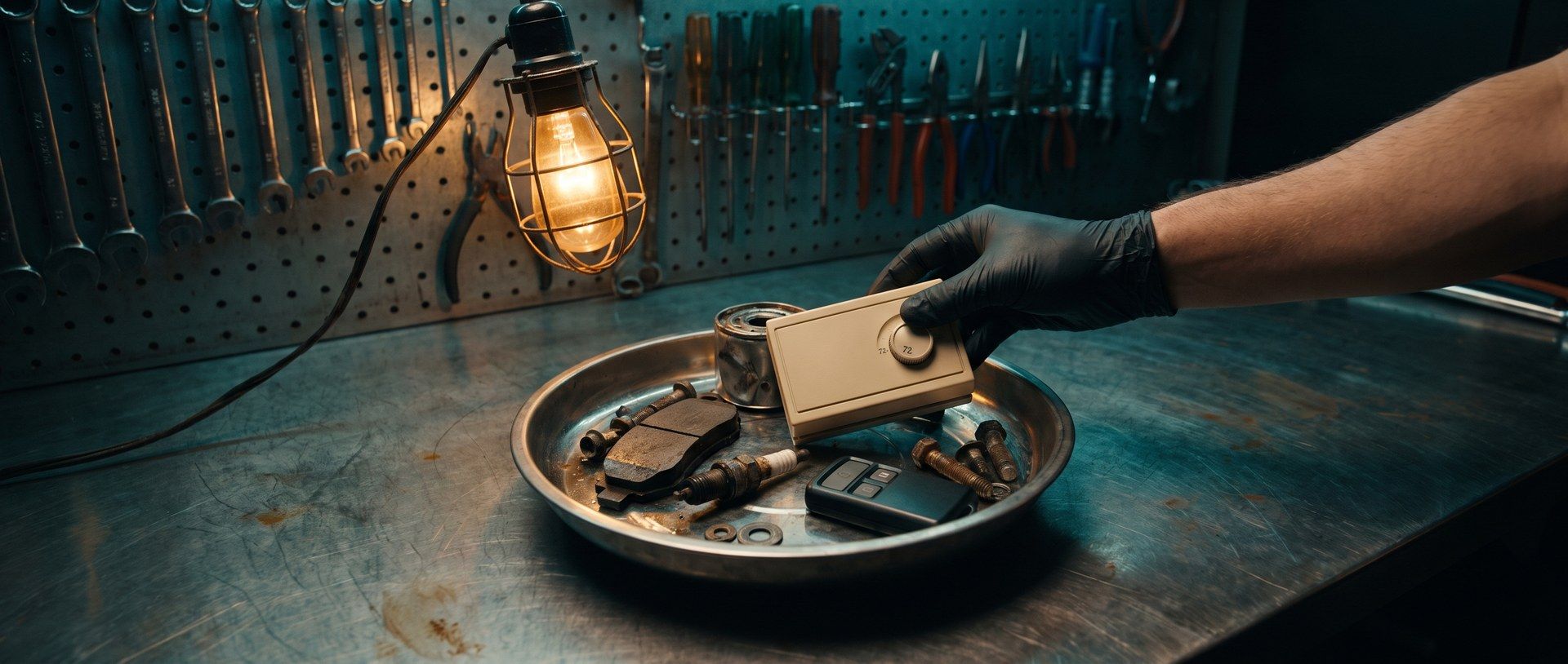 A gloved hand lifting a beige home wall thermostat out of a steel parts tray of brake pads, a spark plug, an oil filter and bolts on a shop workbench under a caged drop light