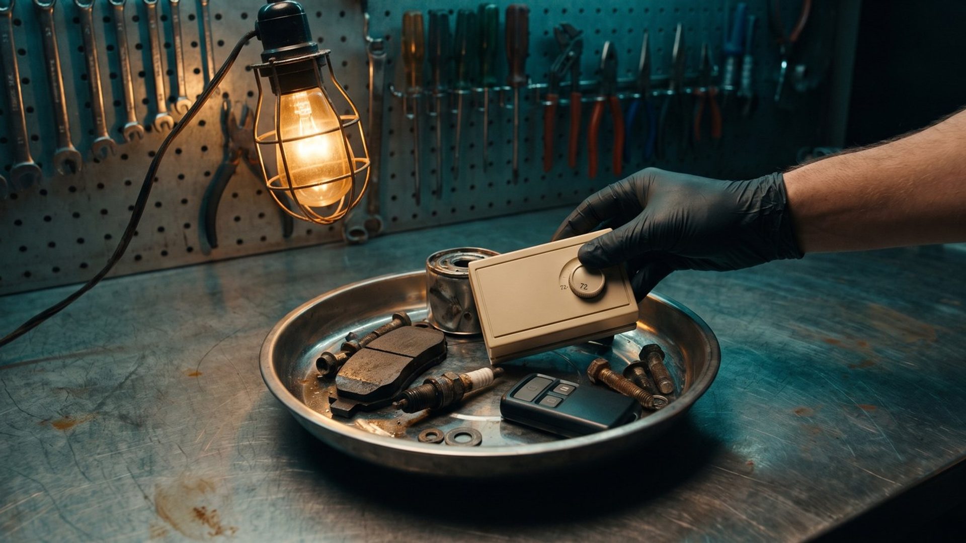 A gloved hand lifting a beige home wall thermostat out of a steel parts tray of brake pads, a spark plug, an oil filter and bolts on a shop workbench under a caged drop light