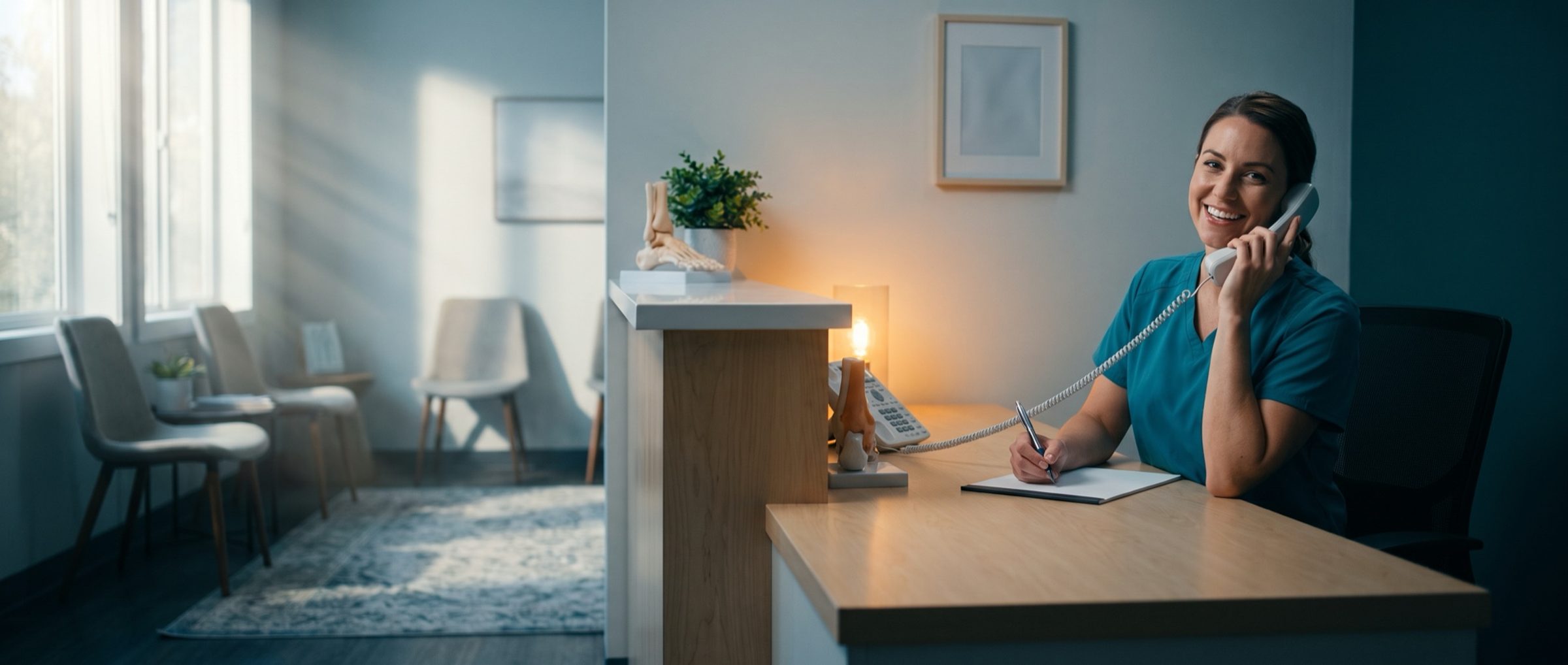 A smiling receptionist in teal scrubs answering the phone at a bright podiatry front desk, pen over a notepad, a foot model on the counter