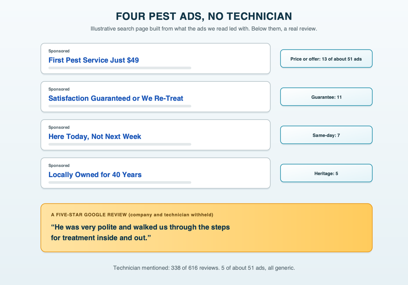 Four illustrative pest control ads on a search page leading with a first-service price, a guarantee, same-day service and years in business, and below them a real five-star review praising how the technician explained the treatment, which none of the ads mention