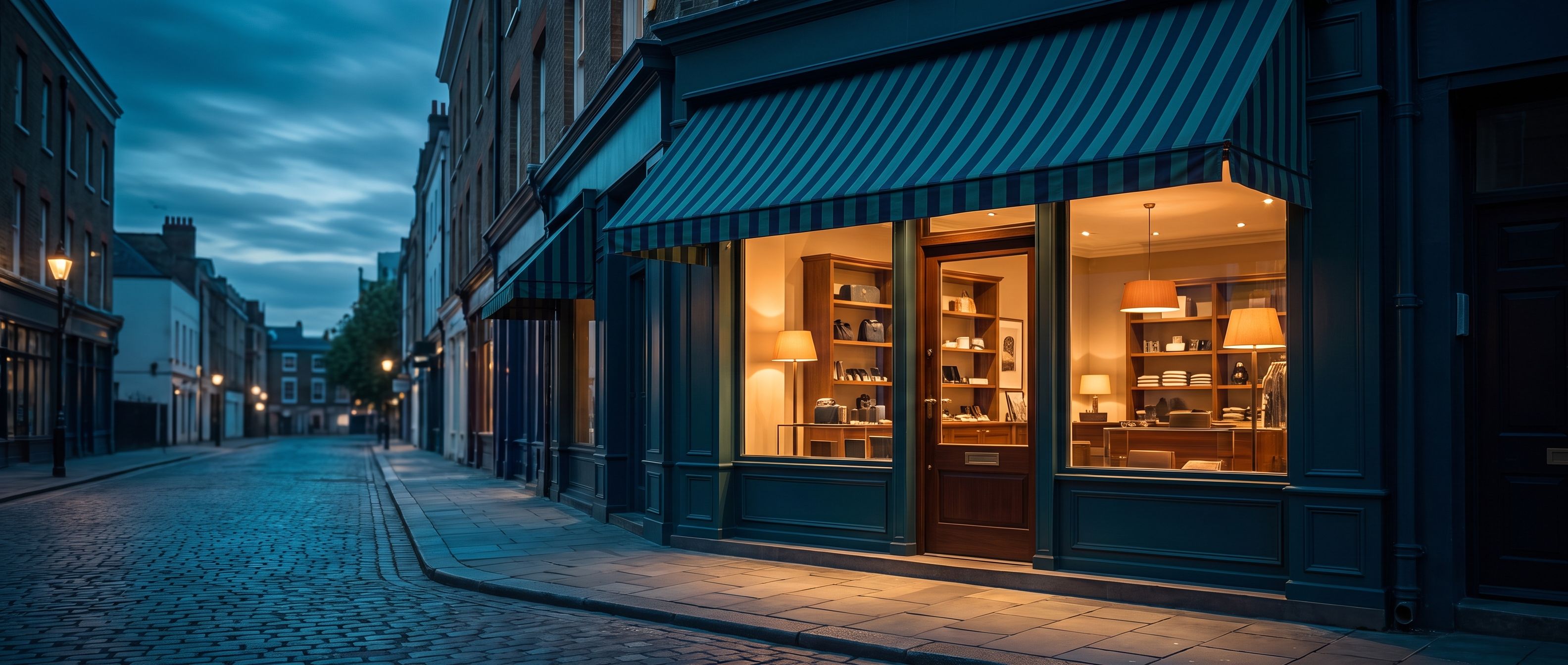 A warm, inviting corner shop with a striped awning and lit windows on a cobbled street at dusk, a real, established business that exists.