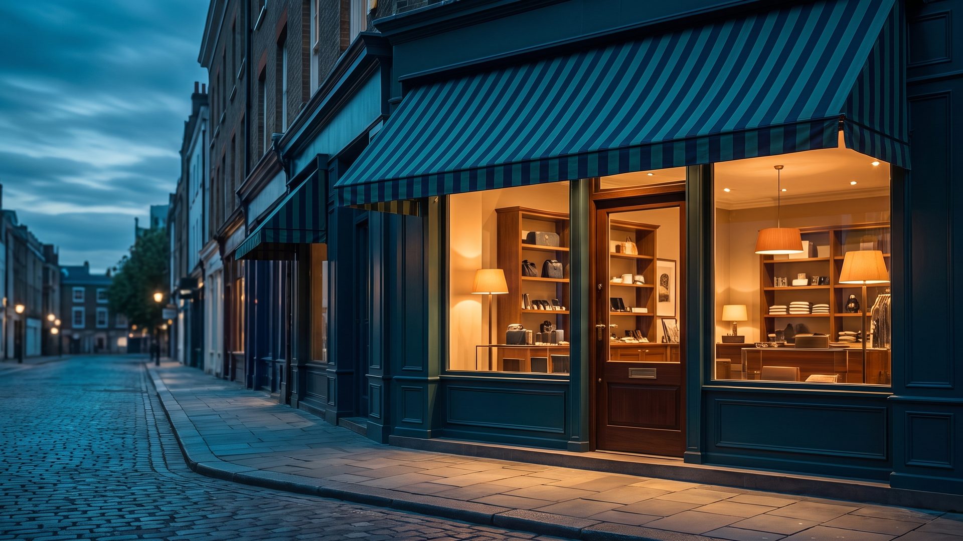 A warm, inviting corner shop with a striped awning and lit windows on a cobbled street at dusk, a real, established business that exists.