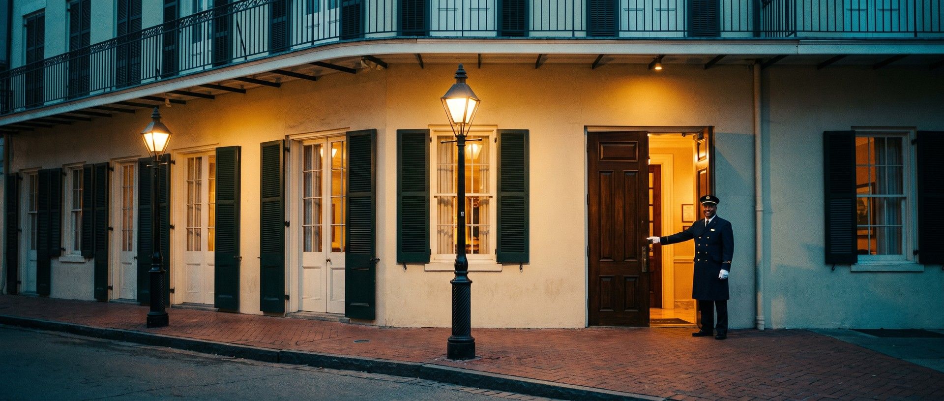 A hotel doorman in a navy coat with brass buttons, a cap and white gloves standing beside the open, lamplit front door of a historic cream hotel with green shutters and a wrought-iron balcony, gas street lamps glowing on the brick sidewalk at blue hour