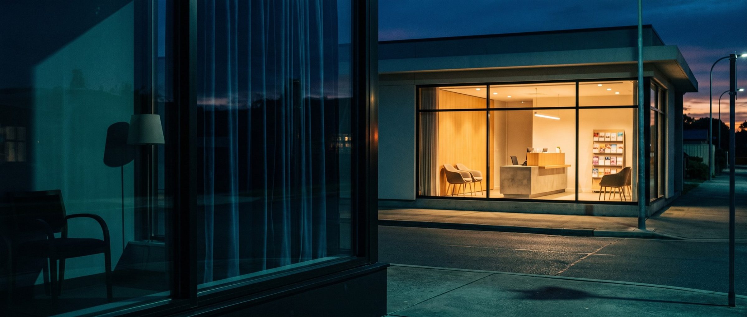 At dusk, seen past the dark window of one building, a small medical office across the street glows warm inside, its reception desk, waiting chairs and brochure rack lit behind the glass