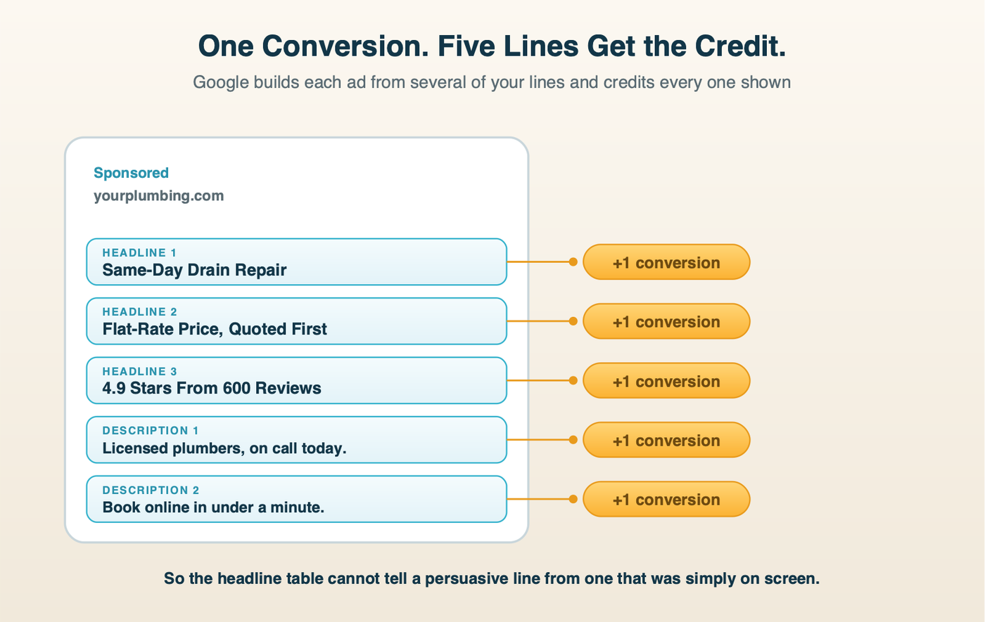 One responsive search ad drawn as three headlines and two descriptions shown together, with a single conversion credited to all five lines at once.