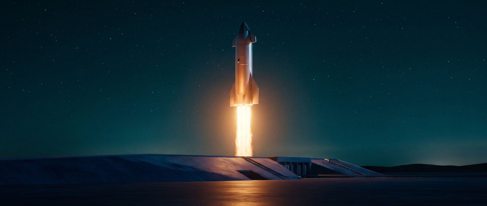 A rocket lifting off on a bright column of fire against a dark sky -- Google Ads turns on and brings customers immediately, while SEO builds slowly over time.