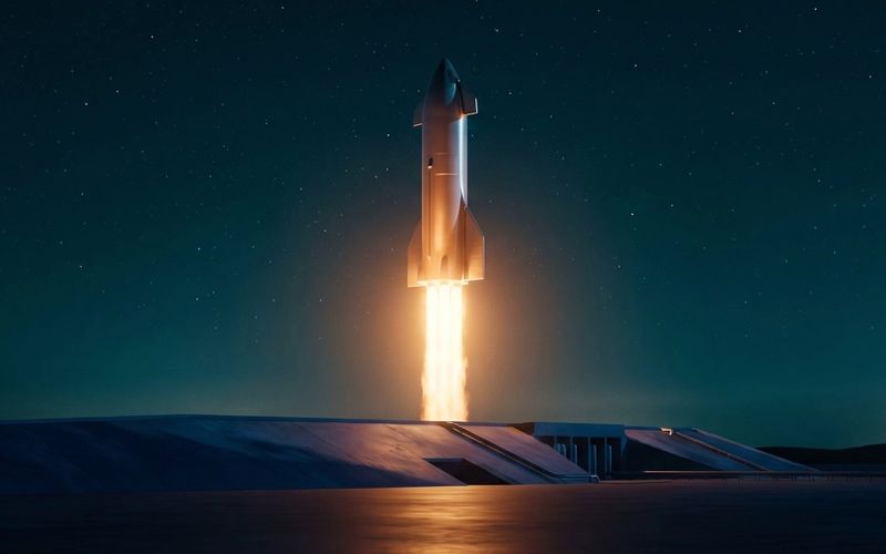 A rocket lifting off on a bright column of fire against a dark sky -- Google Ads turns on and brings customers immediately, while SEO builds slowly over time.