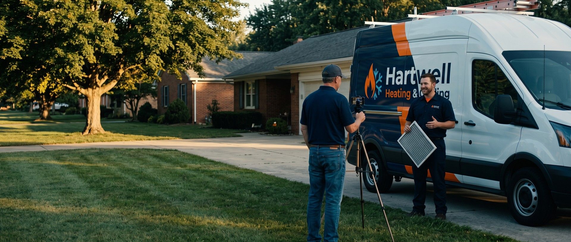 In a customer's driveway, the owner of a heating and cooling company films his technician on a phone tripod as the technician holds up a furnace filter beside the company's wrapped van