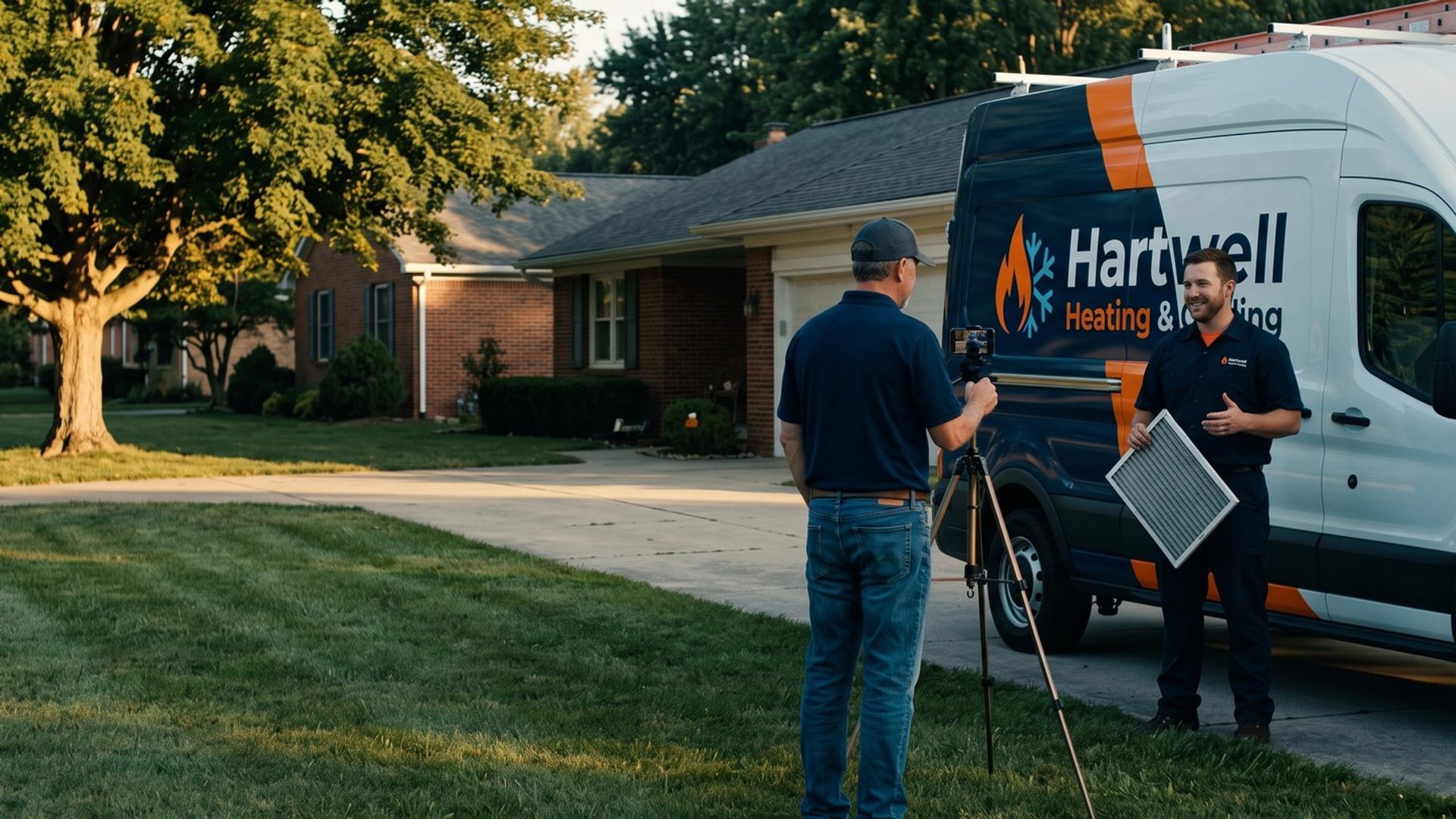 In a customer's driveway, the owner of a heating and cooling company films his technician on a phone tripod as the technician holds up a furnace filter beside the company's wrapped van