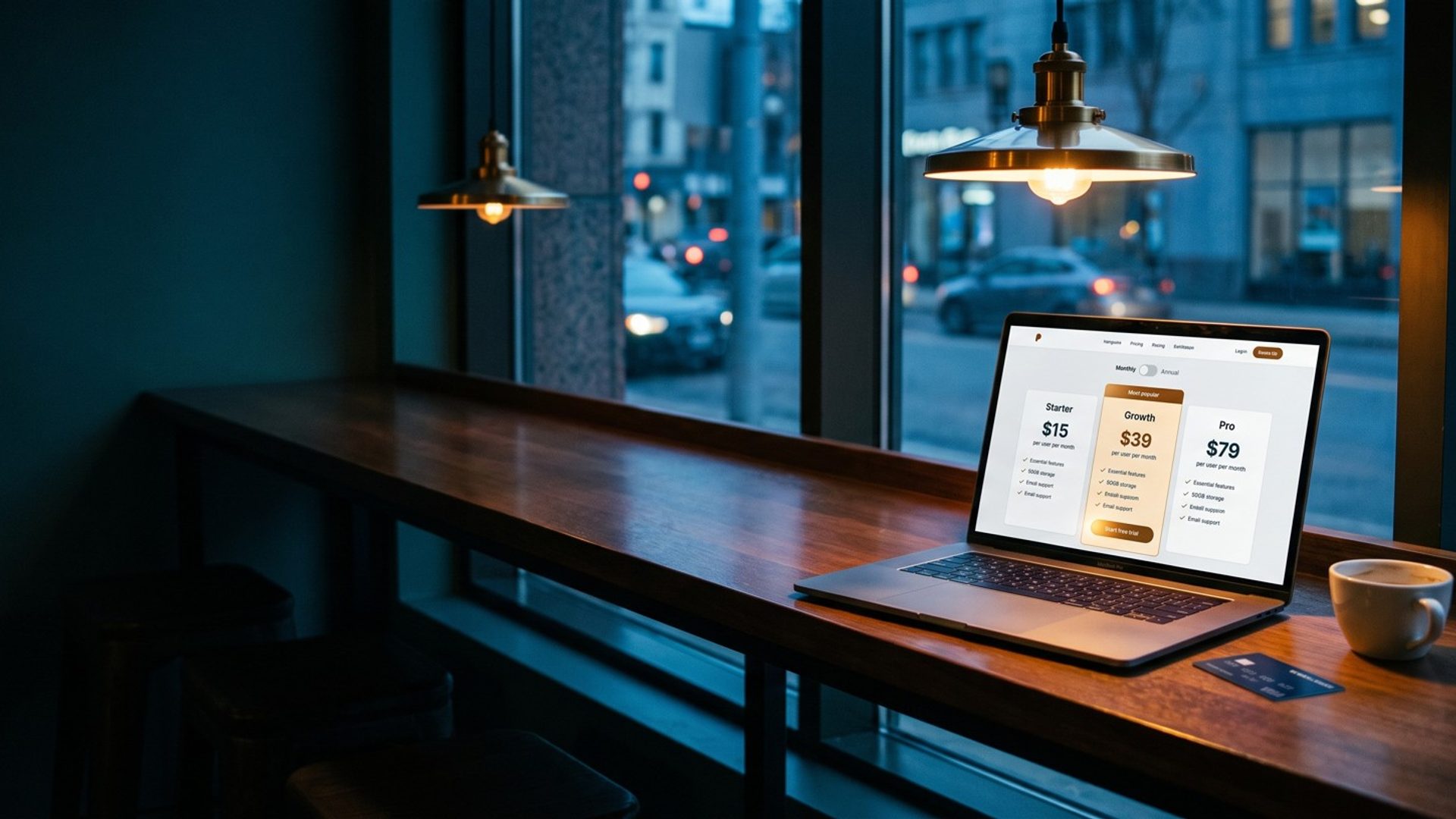 A laptop on a cafe counter at dusk open to a software pricing page with Starter, Growth and Pro plans, the Growth plan highlighted with a start free trial button, a business credit card and a coffee cup beside it