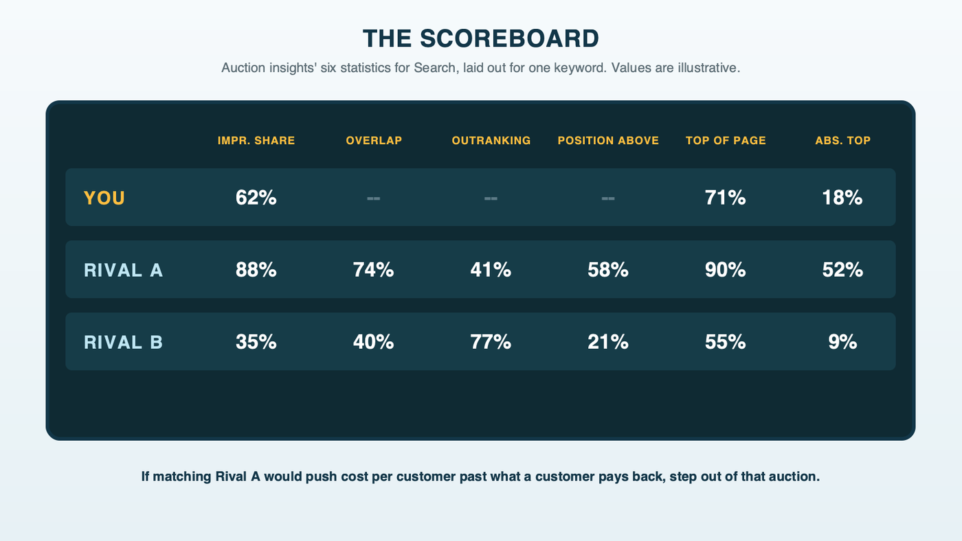 A stadium scoreboard showing auction insights for one keyword, with columns for impression share, overlap rate, outranking share, position above rate, top of page rate and absolute top of page rate, and rows for your account and two rivals, with a note that the numbers are illustrative