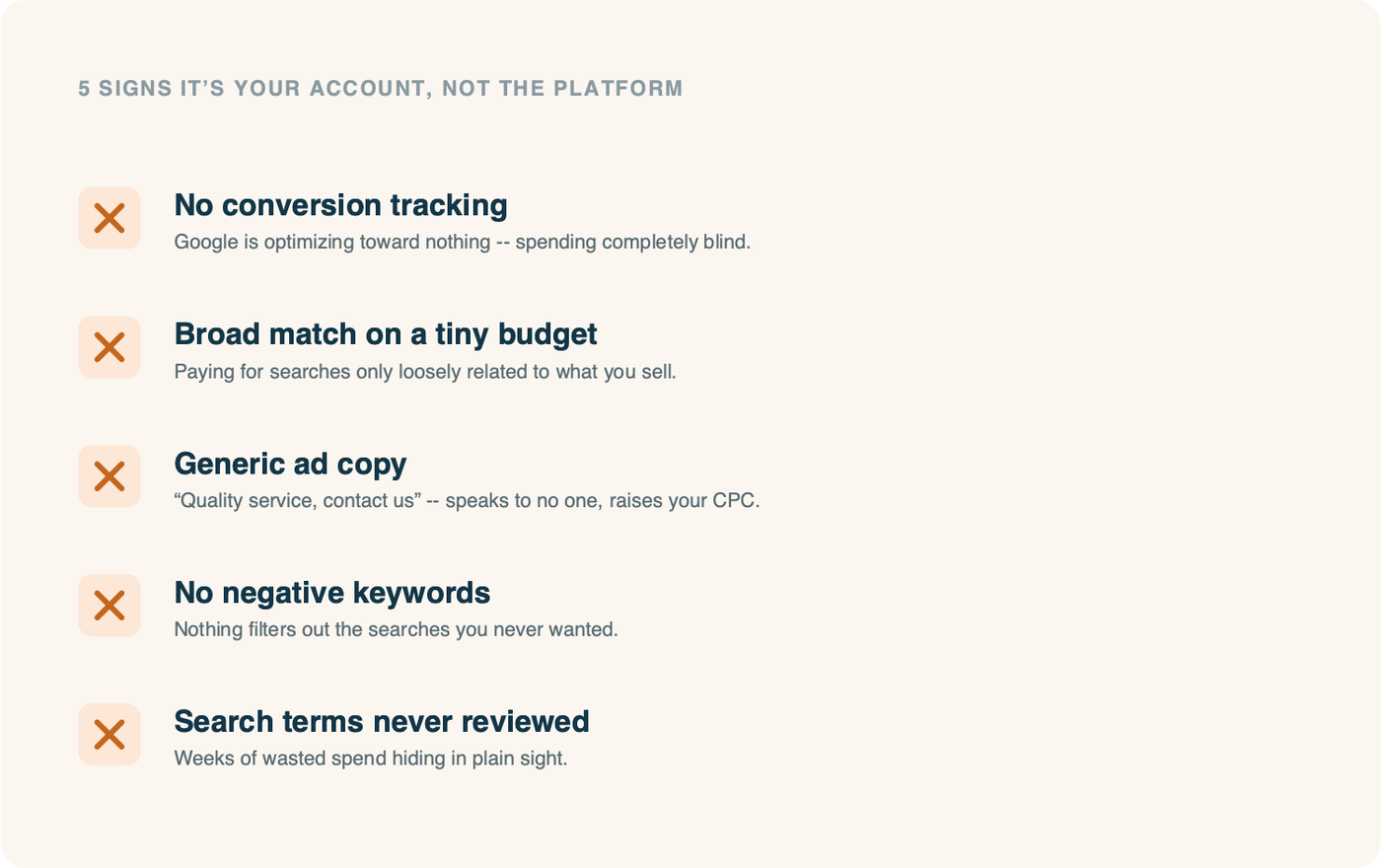 Five signs the problem is your account, not the platform: no conversion tracking, broad match on a tiny budget, generic ad copy, no negative keywords, and search terms never reviewed.