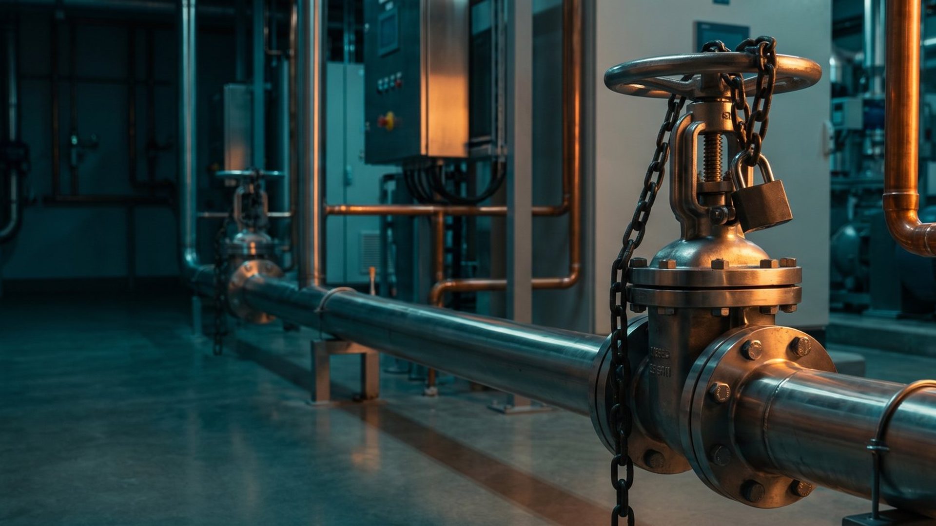 A pipeline isolation valve chained and padlocked shut in a plant room