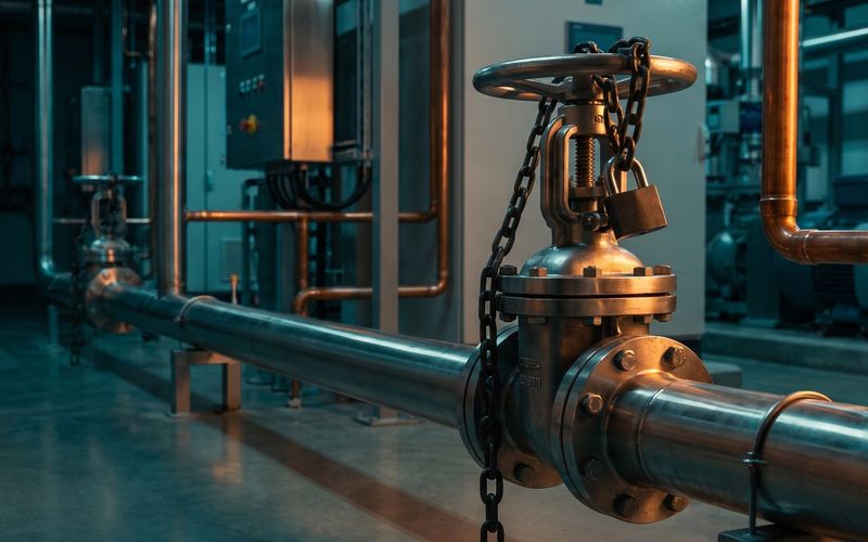 A pipeline isolation valve chained and padlocked shut in a plant room