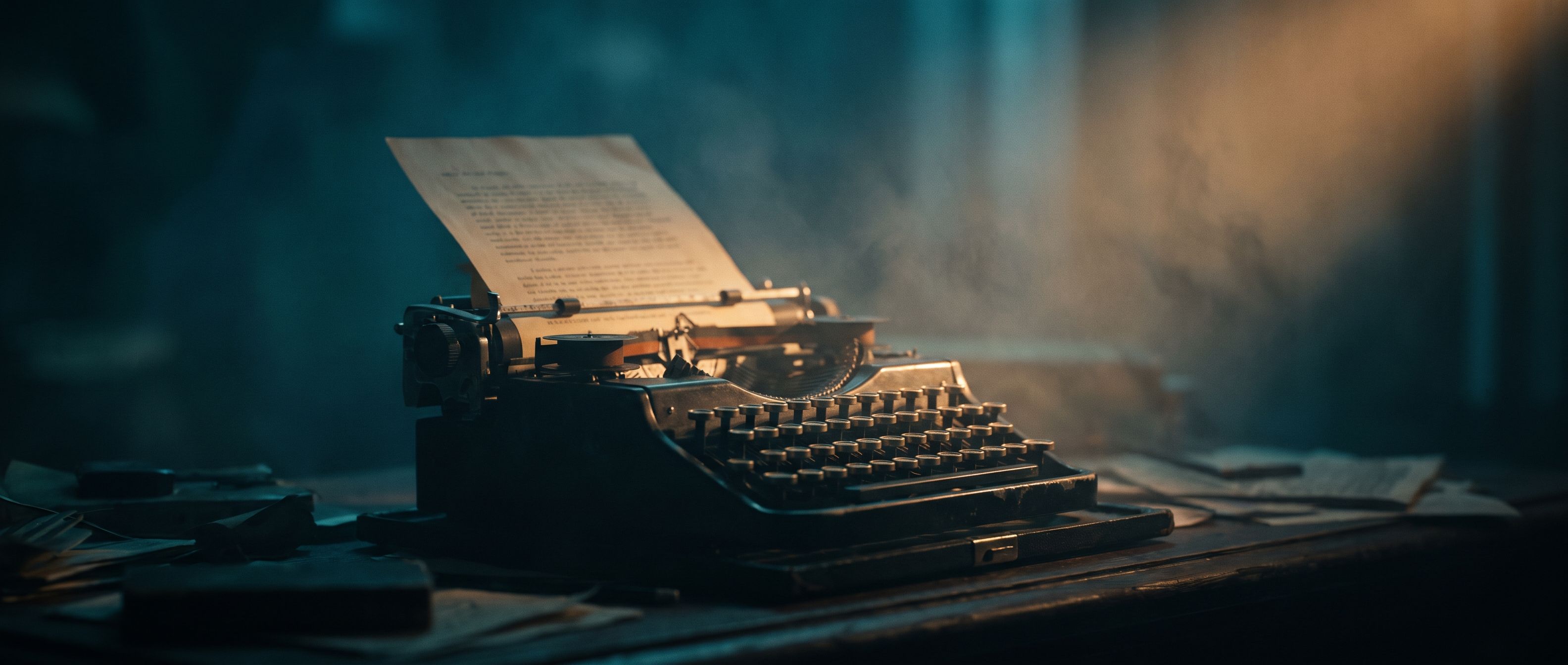 A vintage typewriter on a dark desk with a sheet of paper rising from the carriage, lit by a single shaft of warm amber light through deep teal mist.