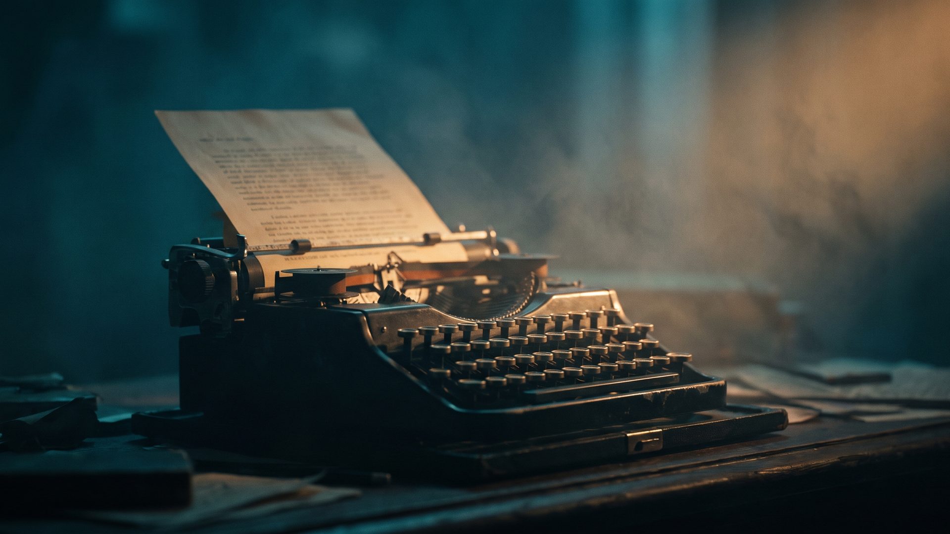 A vintage typewriter on a dark desk with a sheet of paper rising from the carriage, lit by a single shaft of warm amber light through deep teal mist.