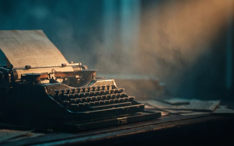 A vintage typewriter on a dark desk with a sheet of paper rising from the carriage, lit by a single shaft of warm amber light through deep teal mist.