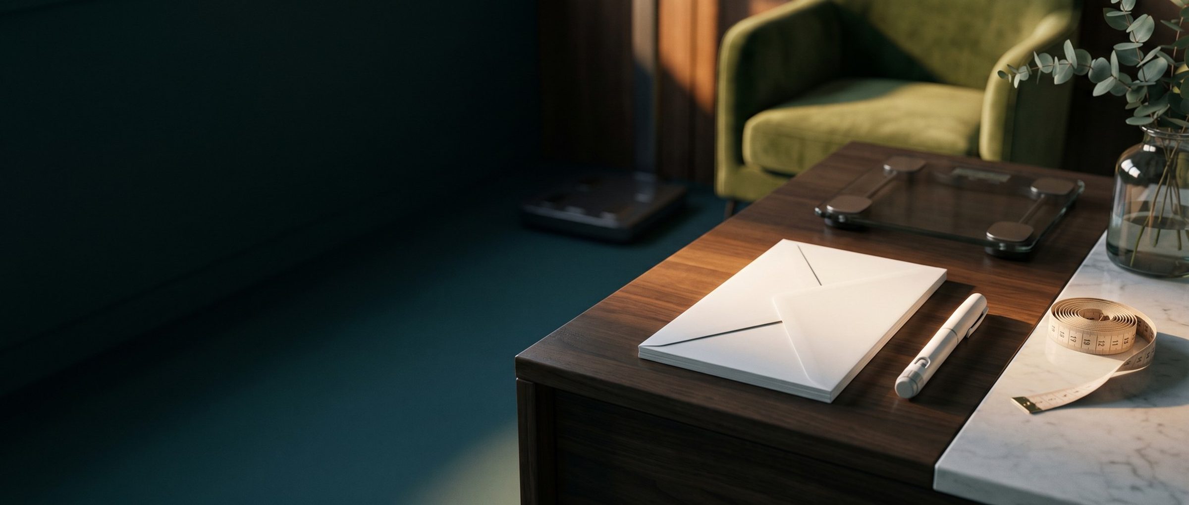 A sealed white envelope on a med spa consult desk beside a slim white pen and a coiled measuring tape, a sage chair and eucalyptus in the warm light behind