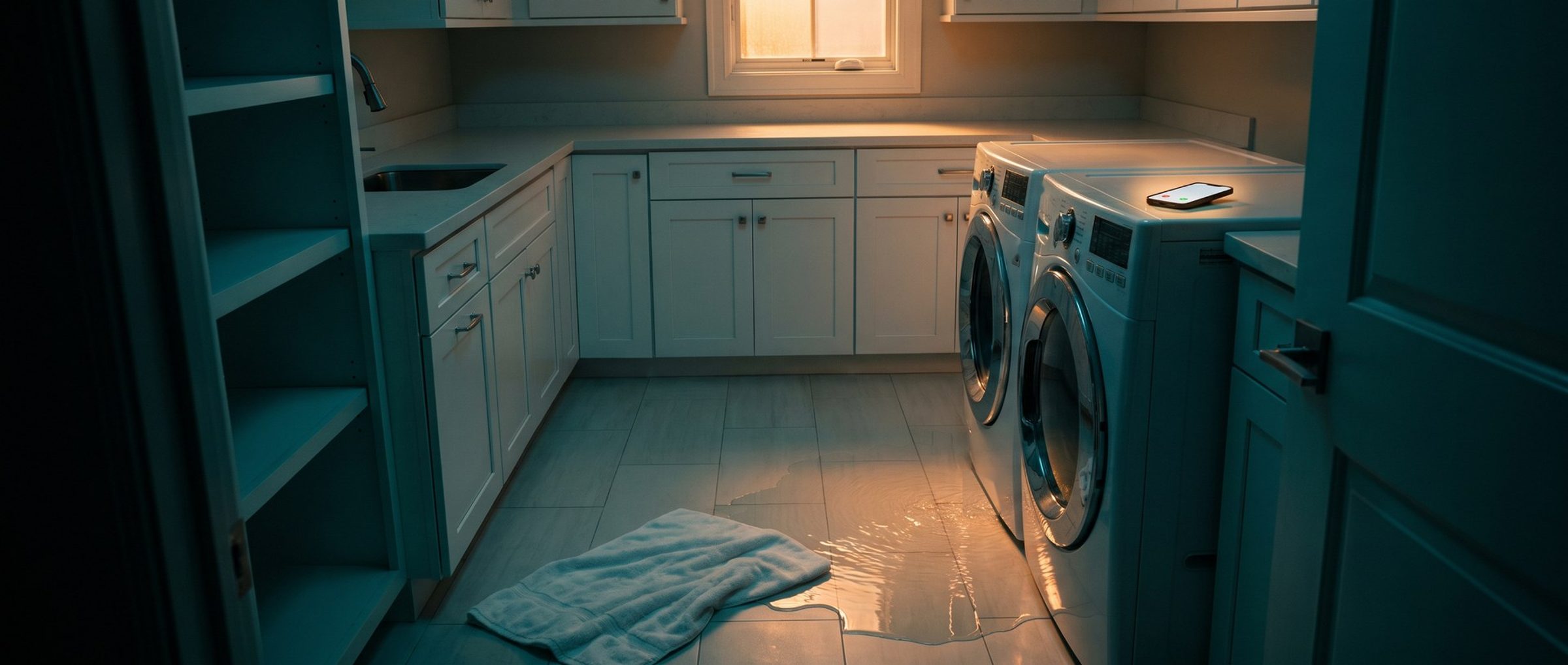 A home laundry room at dawn with a thin sheet of water spreading across the tile floor from under a front-loading washer, a towel at the edge of the puddle, and a smartphone lit with an incoming call on top of the dryer
