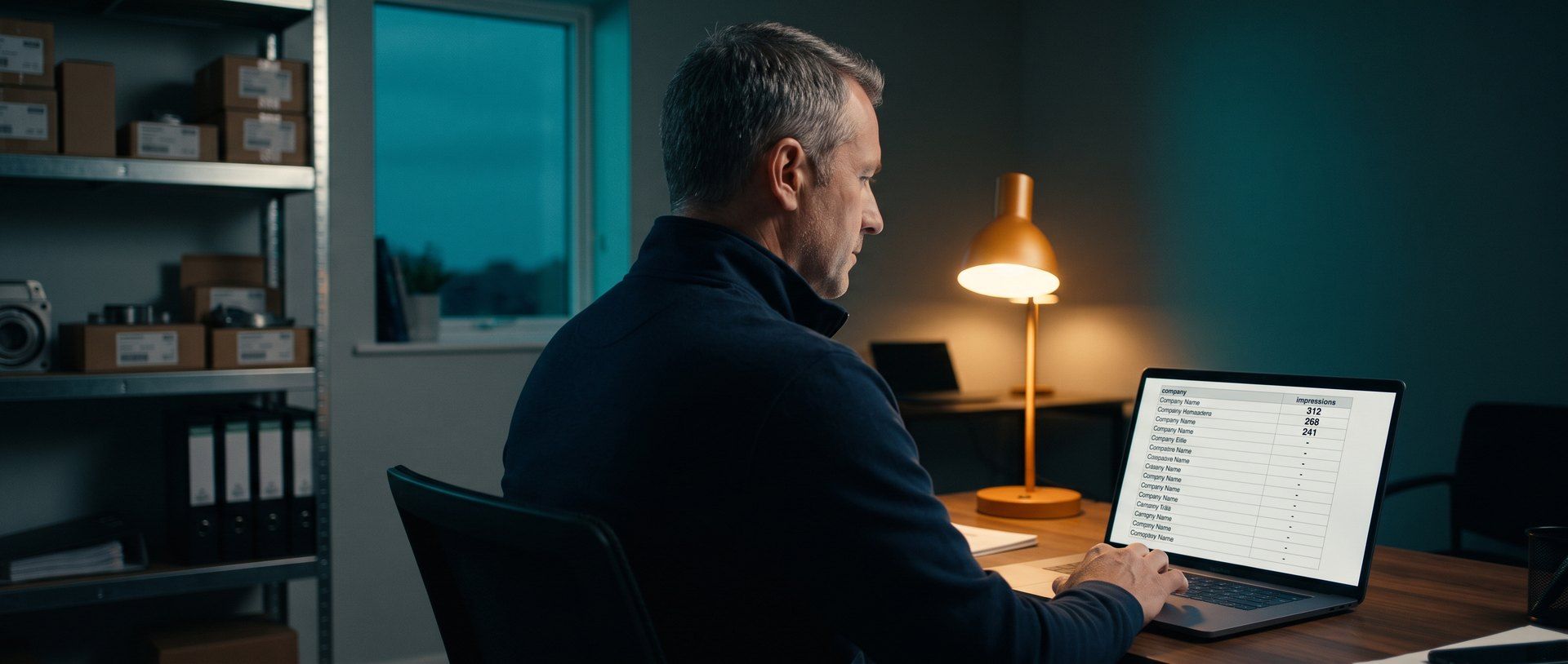 A business owner at his desk after hours under a warm desk lamp, looking at a laptop list of companies where three rows show large impression numbers and every row below shows only a dash