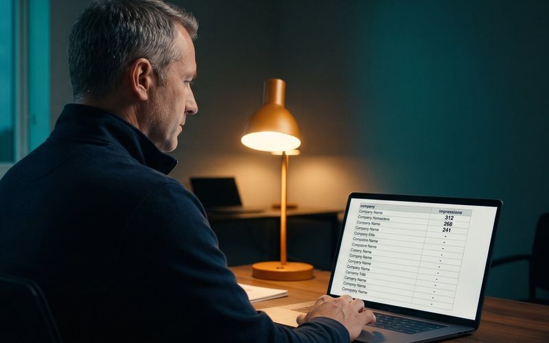 A business owner at his desk after hours under a warm desk lamp, looking at a laptop list of companies where three rows show large impression numbers and every row below shows only a dash