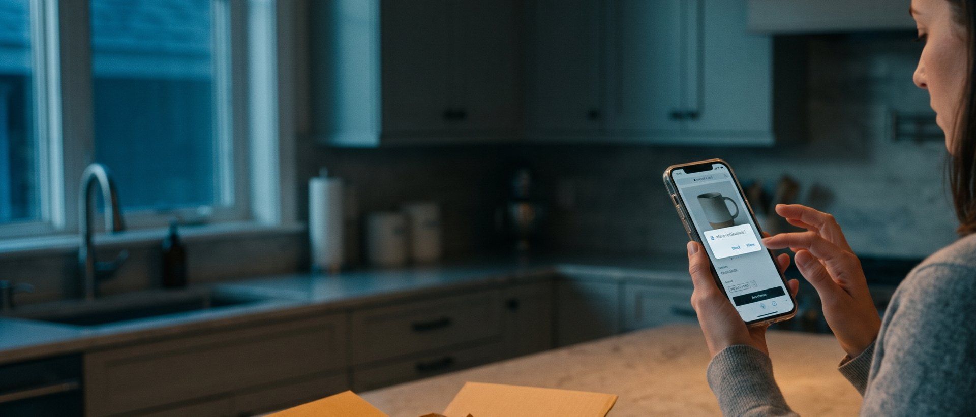 At a kitchen counter at dusk, a woman holds her phone showing an online store's product page with a browser box reading Allow notifications? and Block and Allow buttons, her thumb hovering over Allow, beside an opened shipping box and a mug