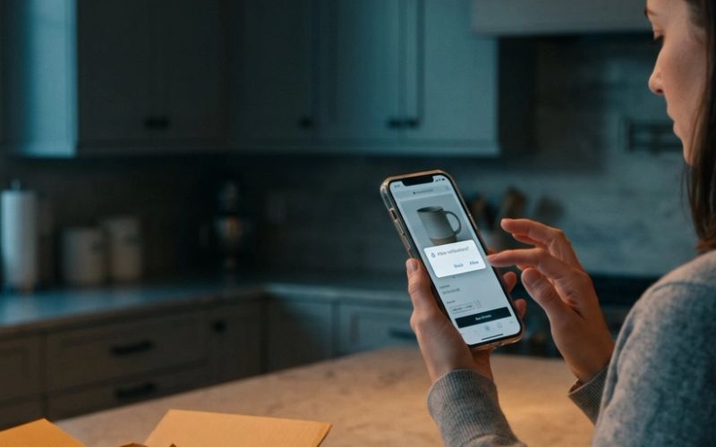 At a kitchen counter at dusk, a woman holds her phone showing an online store's product page with a browser box reading Allow notifications? and Block and Allow buttons, her thumb hovering over Allow, beside an opened shipping box and a mug