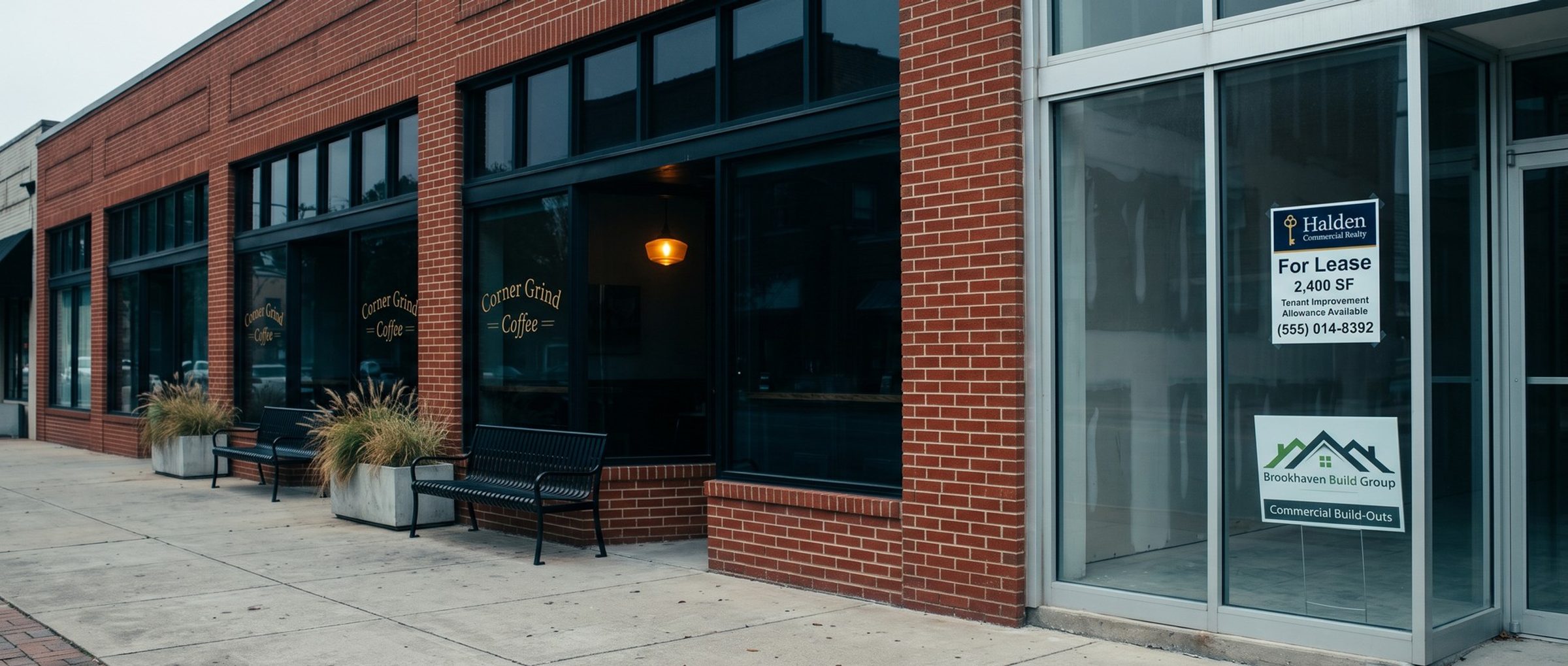 A brick commercial street on an overcast morning: next to a closed coffee shop, an empty storefront shows a Halden Commercial Realty sign reading For Lease, 2,400 SF, Tenant Improvement Allowance Available, and inside the glass a Brookhaven Build Group Commercial Build-Outs sign waits, not yet put up
