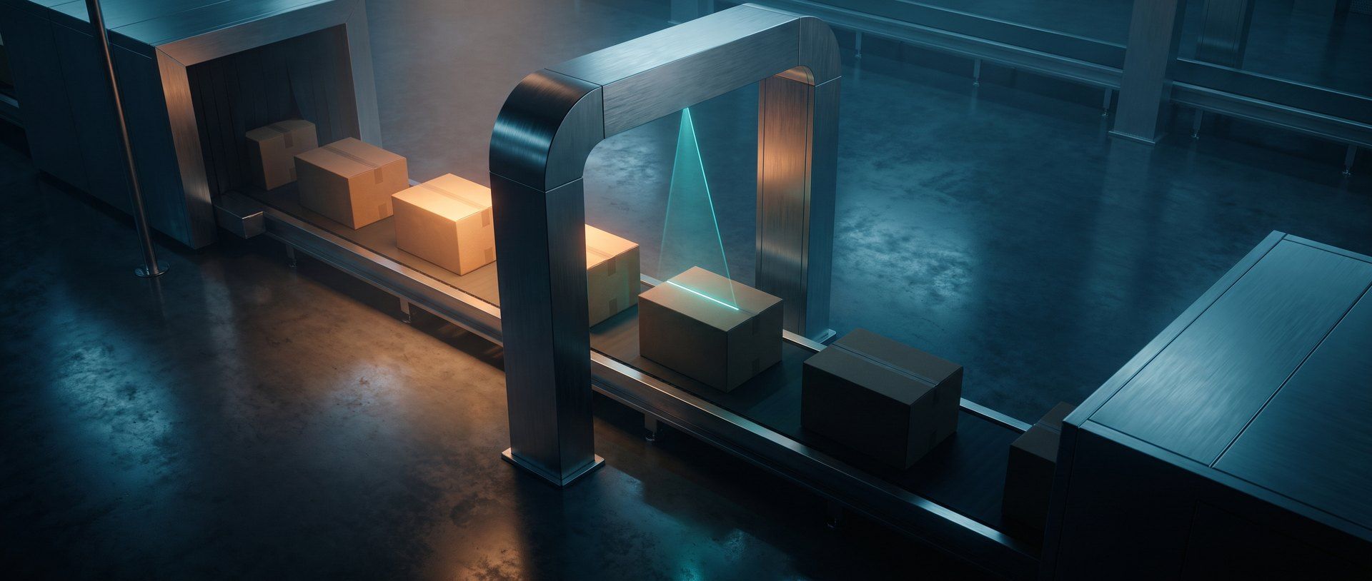 Cardboard parcels riding a conveyor belt through a metal scanner gate in a dim teal warehouse, one carton lit by the scan beam.